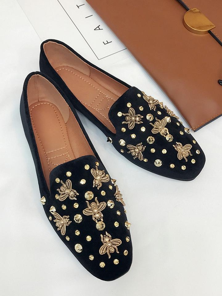 Choies Black Velvet Beaded Bee Embellished Flat Loafer
