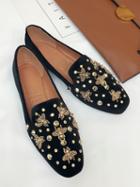 Choies Black Velvet Beaded Bee Embellished Flat Loafer