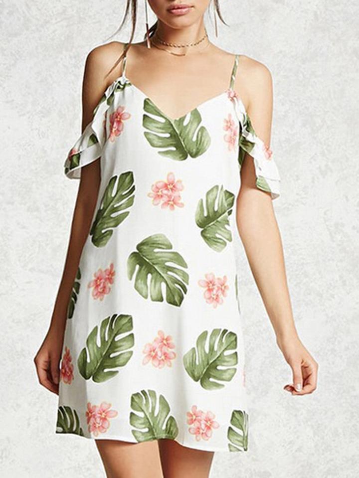 Choies White Cotton Blend V-neck Leaf Print Open Back Chic Women Mini Dress