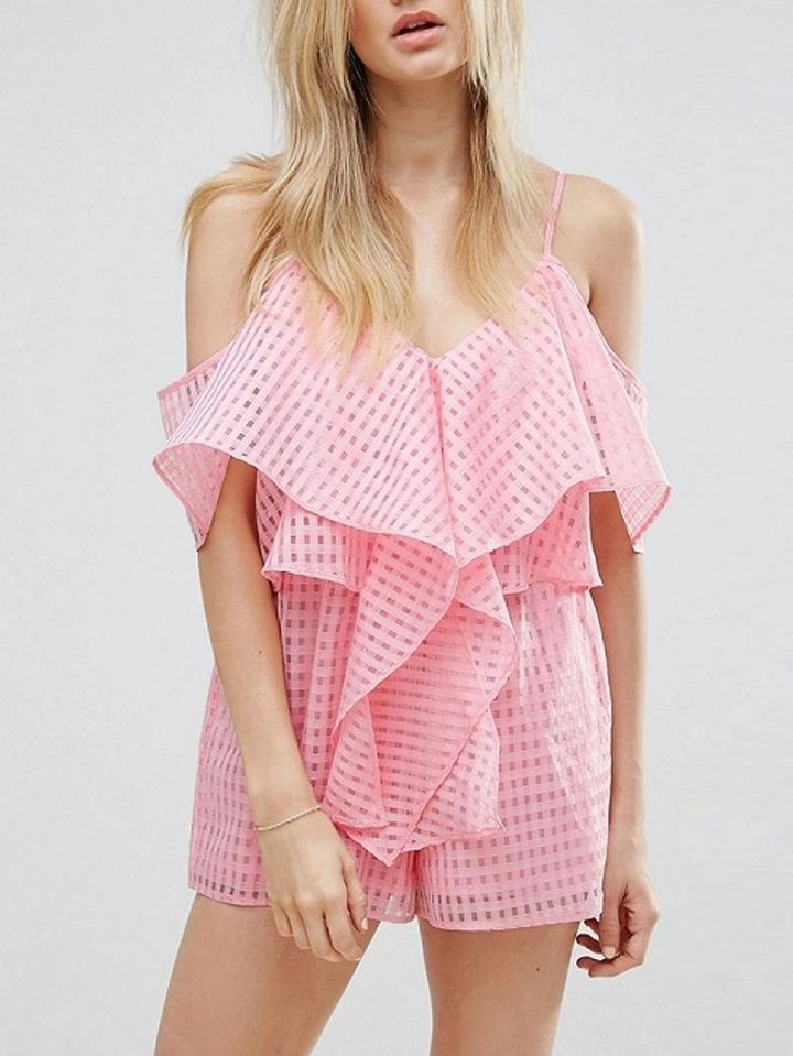 Choies Pink Sheer Plaid V-neck Ruffle Detail Spaghetti Strap Romper Playsuit