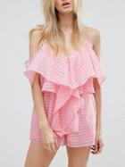 Choies Pink Sheer Plaid V-neck Ruffle Detail Spaghetti Strap Romper Playsuit