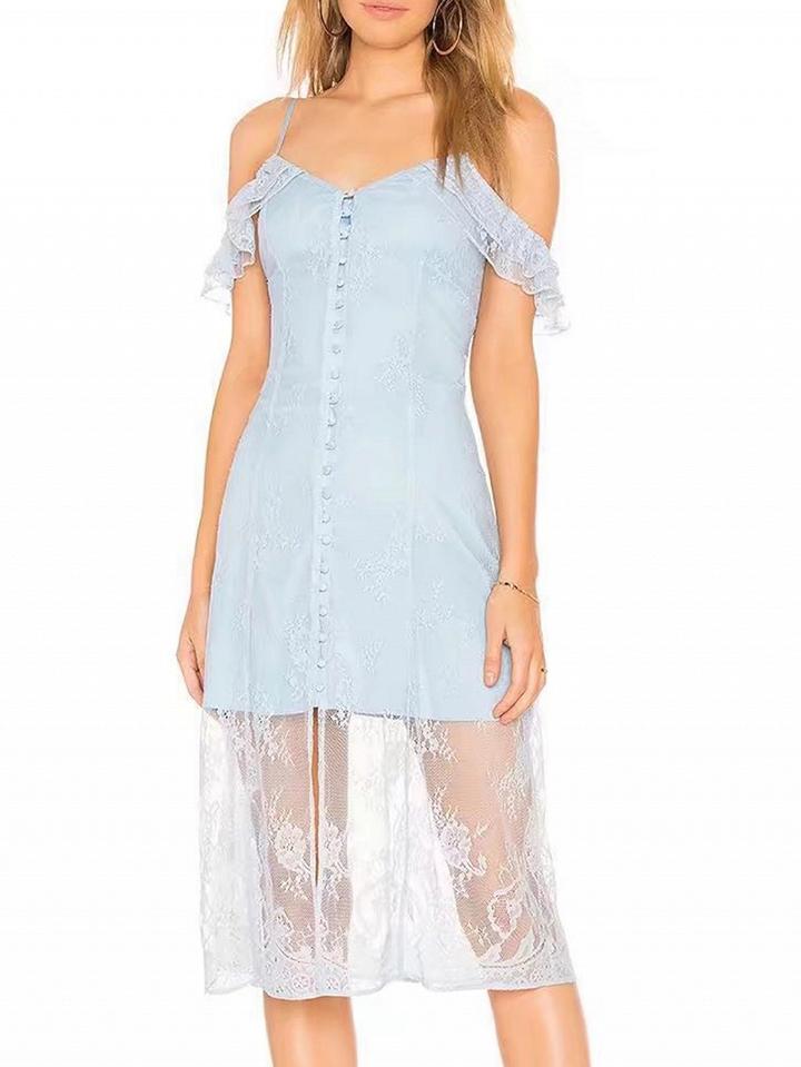 Choies Blue V-neck Ruffle Trim Open Back Lace Cami Midi Dress