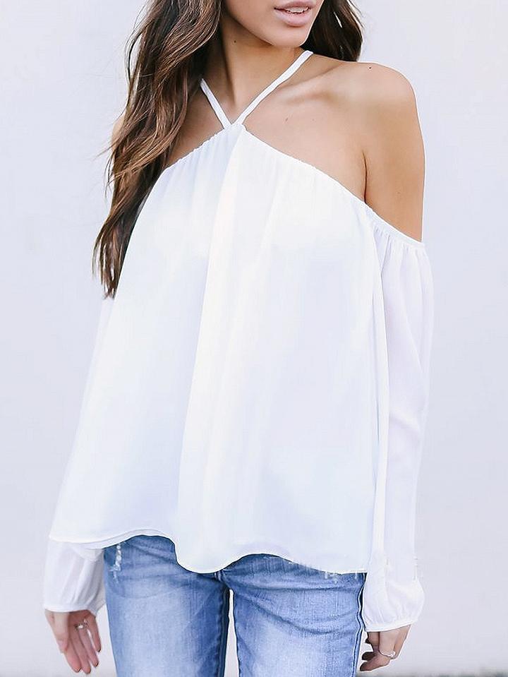 Choies White Halter Cold Shoulder Long Sleeve Blouse