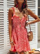 Choies Red V-neck Floral Print Frill Trim Open Back Chic Women Mini Dress