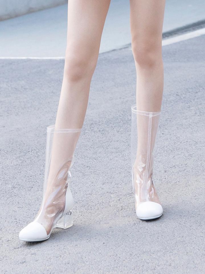 Choies White Crystal Heel Transparent Chic Women Round Head Boots