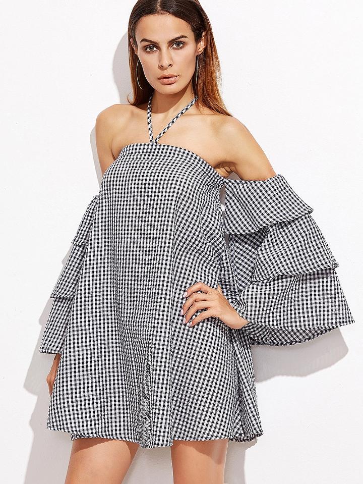 Choies Black Plaid Off Shoulder Halter Flared Sleeve Mini Shift Dress
