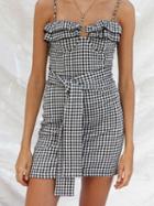 Choies Black Plaid Tie Waist Ruffle Trim Chic Women Cami Mini Dress