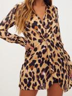 Choies Brown V-neck Leopard Print Long Sleeve Chic Women Mini Dress