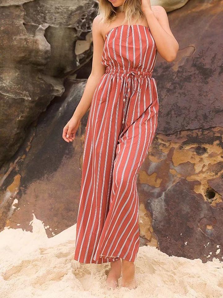 Choies Orange Stripe Bandeau Drawstring Waist Romper Jumpsuit