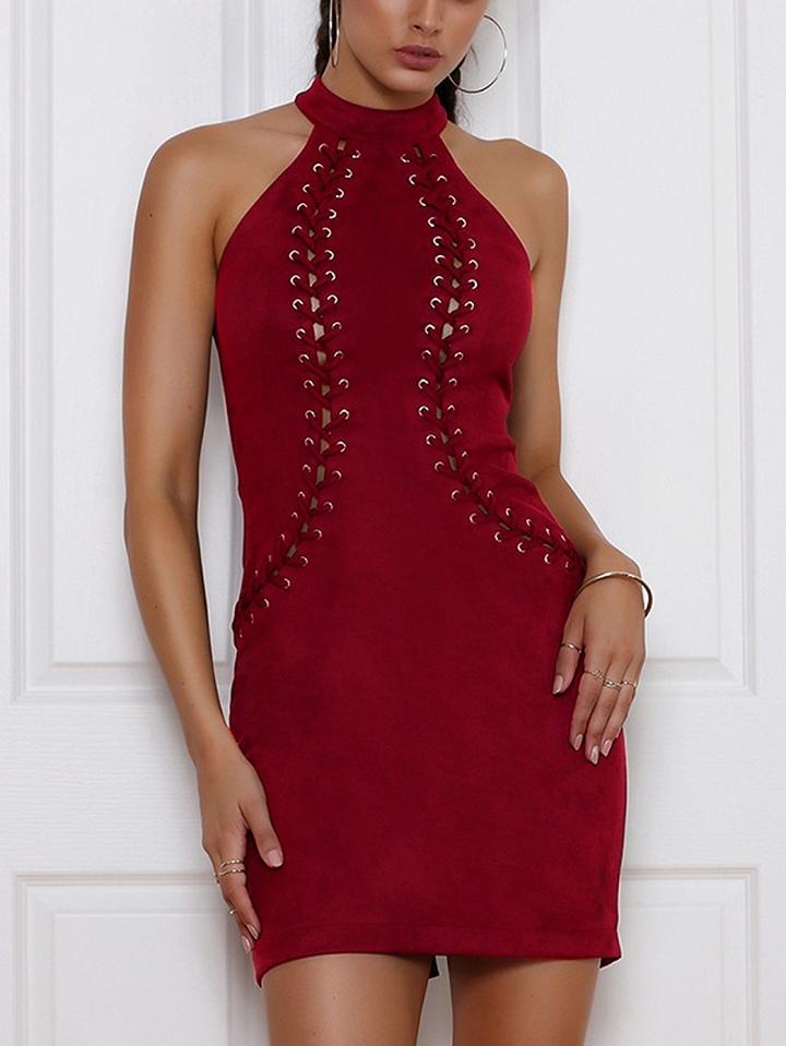 Choies Burgundy Faux Suede Choker Neck Lace Up Front Mini Dress
