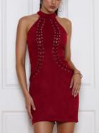 Choies Burgundy Faux Suede Choker Neck Lace Up Front Mini Dress