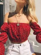 Choies Red Off Shoulder Polka Dot Print Flare Sleeve Chic Women Crop Blouse
