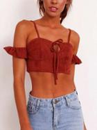 Choies Red Brown Tie Front Lace Up Back Ruffle Sleeve Cami Crop Top