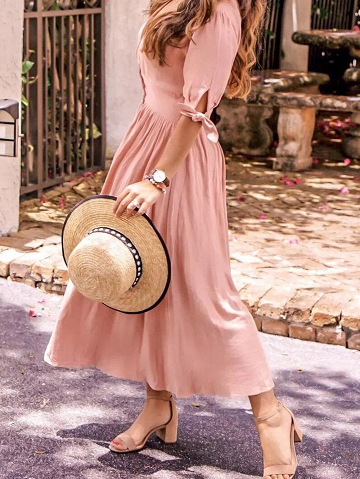 Choies Pink Plunge Button Placket Front Chic Women Maxi Dress