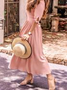 Choies Pink Plunge Button Placket Front Chic Women Maxi Dress