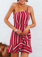 Choies Red Stripe One Shoulder Tie Waist Chic Women Cami Mini Dress