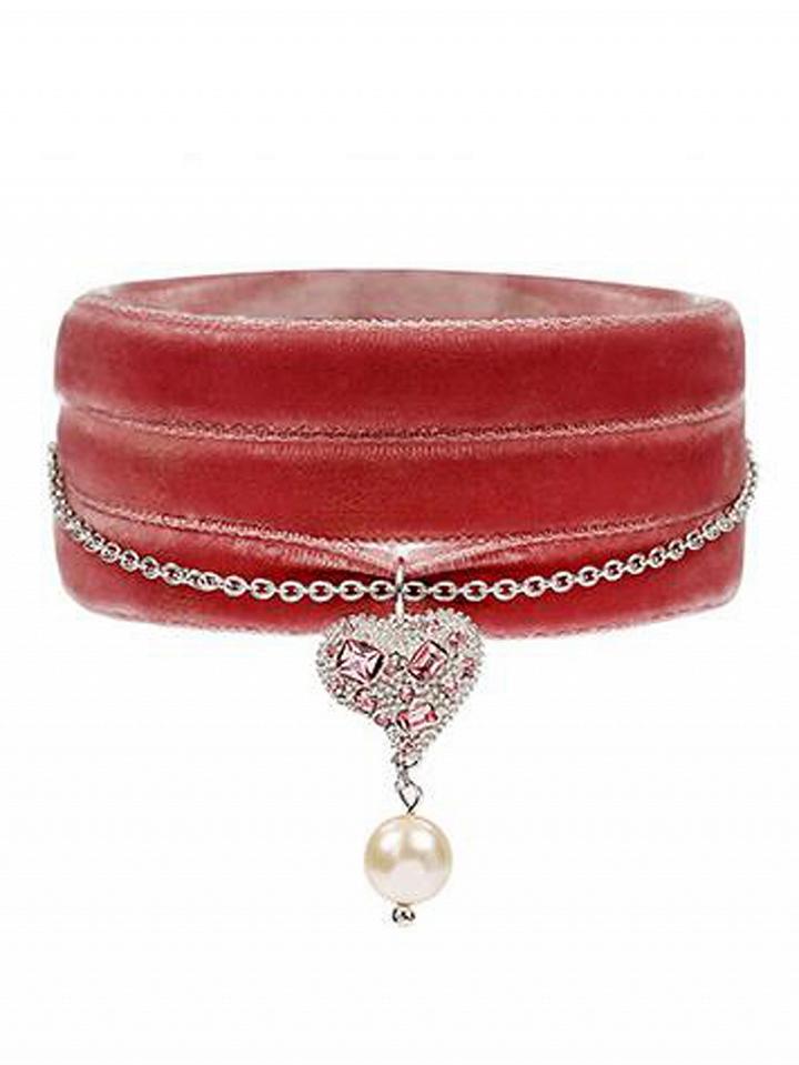 Choies Pink Velvet Heart And Pearl Pendant Multirow Choker Necklace