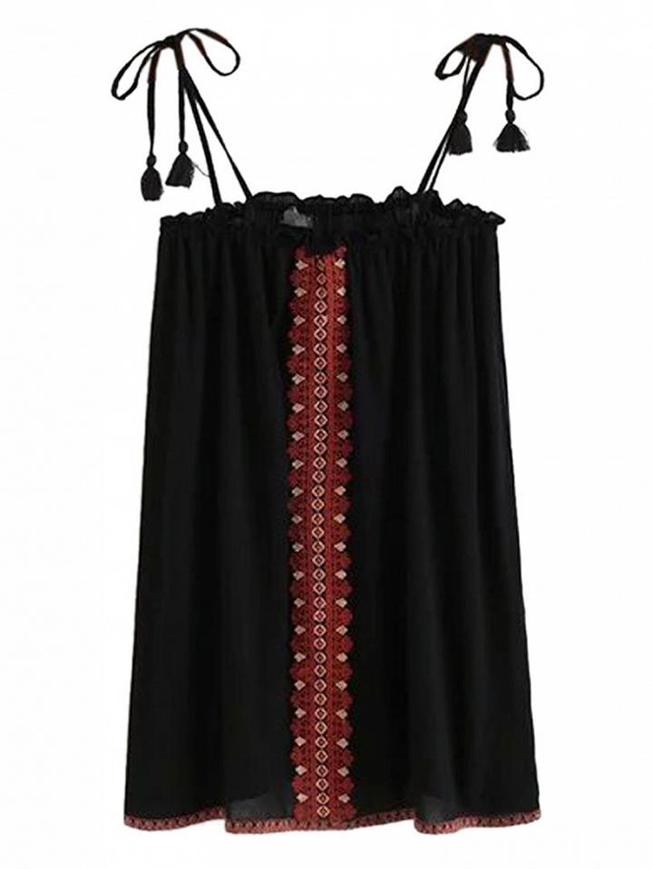 Choies Black Embroidery Ruffle Trim Cami Shift Dress