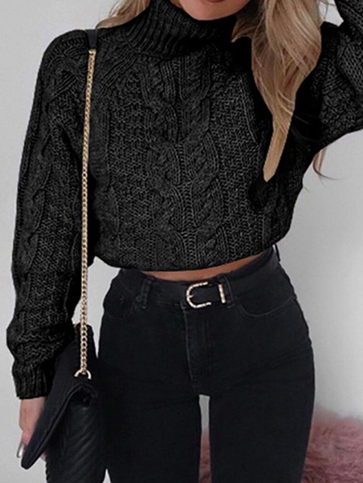 Choies Black Cotton High Neck Long Sleeve Crop Sweater