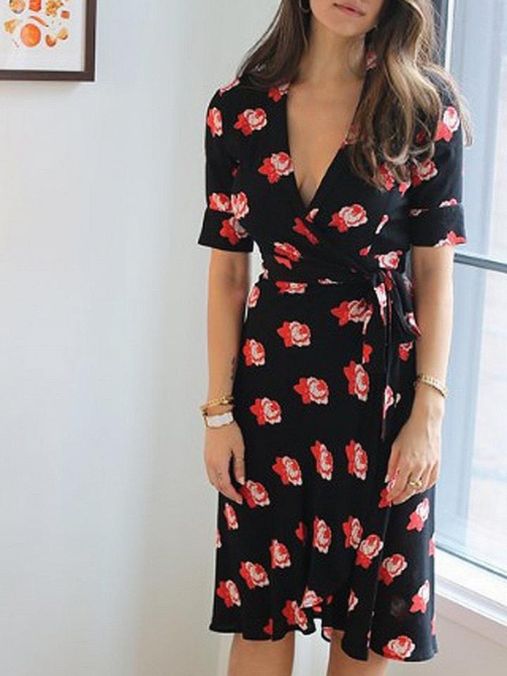 Choies Black V-neck Floral Print Tie Waist Midi Dress