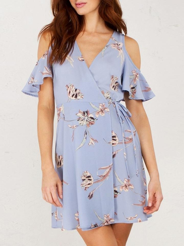 Choies Blue Floral Wrap V-neck Cold Shoulder Tie Side Mini Dress