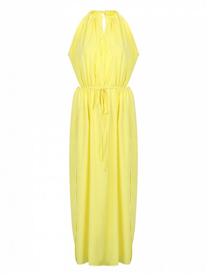 Choies Yellow Halter Sheer Insert Cut Out Split Maxi Dress