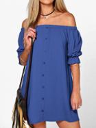 Choies Blue Off Shoulder Button Placket Mini Dress
