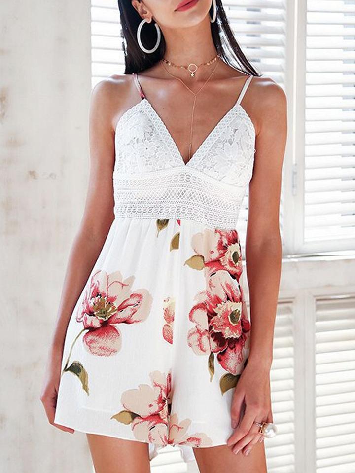 Choies White V-neck Floral Print Lace Panel Chic Women Romper Playsuit