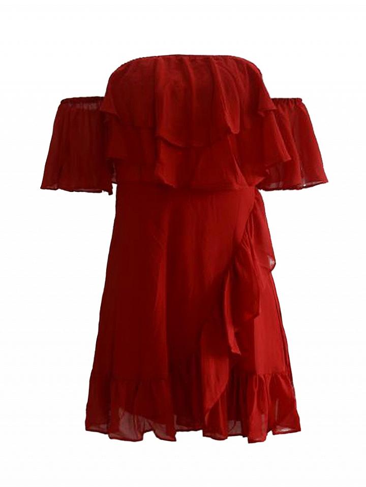 Choies Red Off Shoulder Double Layer Ruffle Wrap Tie Side Dress