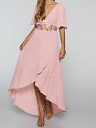 Choies Pink Chiffon V-neck Flower Embroidery Chic Women Hi-lo Maxi Dress