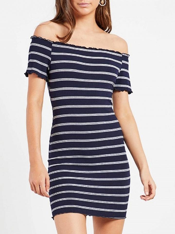 Choies Blue Stripe Off Shoulder Ruffle Trim Knit Bodycon Mini Dress