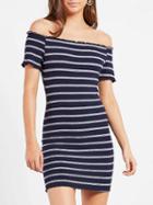 Choies Blue Stripe Off Shoulder Ruffle Trim Knit Bodycon Mini Dress