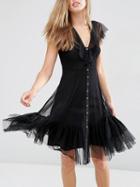 Choies Black V-neck Sheer Panel Ruffle Hem Mesh Dress