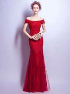 Choies Red Bardot Neck Embroidery Fishtail Maxi Prom Dress