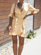 Choies Orange Plaid Cotton Plunge Ruffle Trim Chic Women Mini Dress