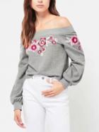 Choies Gray Off Shoulder Embroidery Floral Long Sleeve Sweatshirt