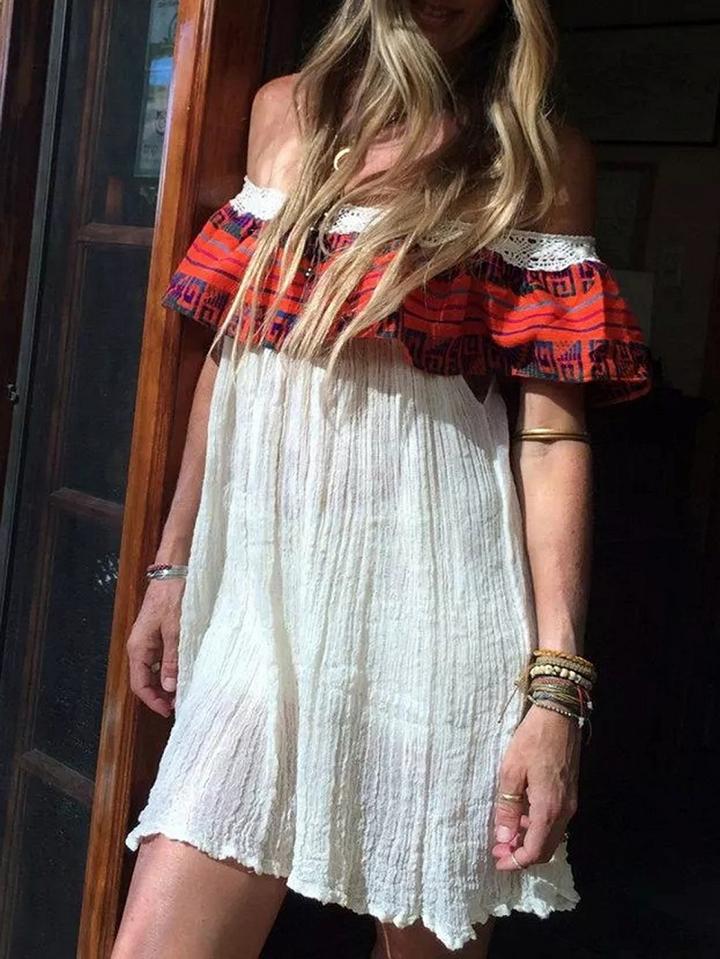 Choies White Cotton Off Shoulder Stripe Panel Chic Women Mini Dress