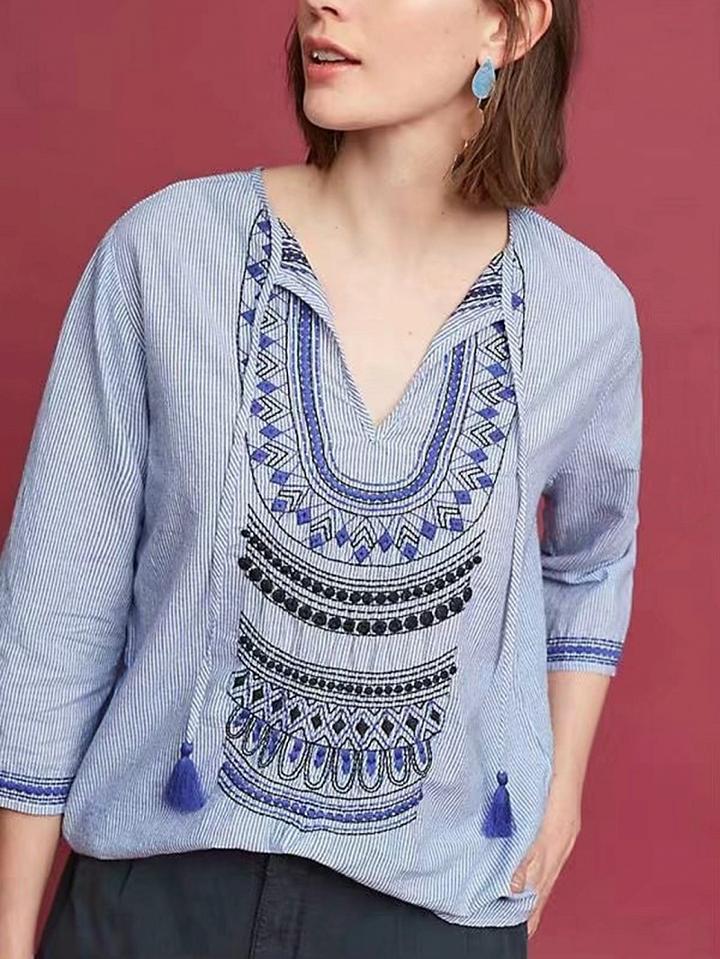 Choies Light Blue Embroidery Detail Tassel Trim Blouse