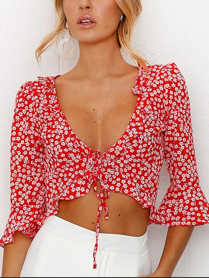 Choies Red V-neck Floral Print Ruffle Sleeve Crop Blouse