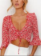 Choies Red V-neck Floral Print Ruffle Sleeve Crop Blouse