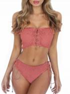 Choies Pink Nylon Off Shoulder Lace Up Chic Women Bikini Top And Bottom