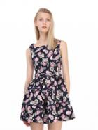 Choies Pink Floral Print Bowknot Front Square Neck Skater Dress