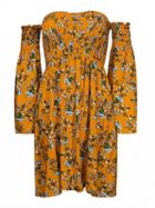 Choies Yellow Off Shoulder Floral Flare Sleeve Mini Dress