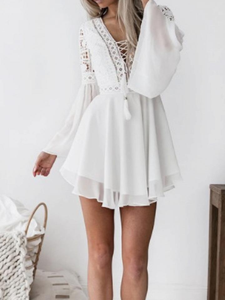 Choies White Chiffon Plunge Eyelet Lace Up Flare Sleeve Chic Women Mini Dress