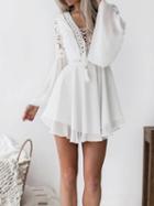 Choies White Chiffon Plunge Eyelet Lace Up Flare Sleeve Chic Women Mini Dress