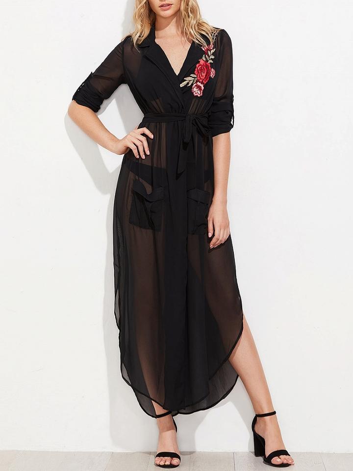 Choies Black Lapel V-neck Tie Waist Side Split Maxi Dress