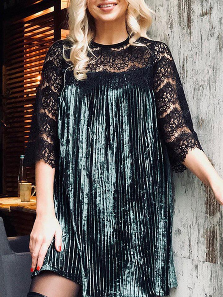 Choies Green Velvet Lace Panel Pleated Mini Dress