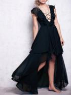 Choies Black Lace Up Front Ruffle Trim Hi-lo Dress