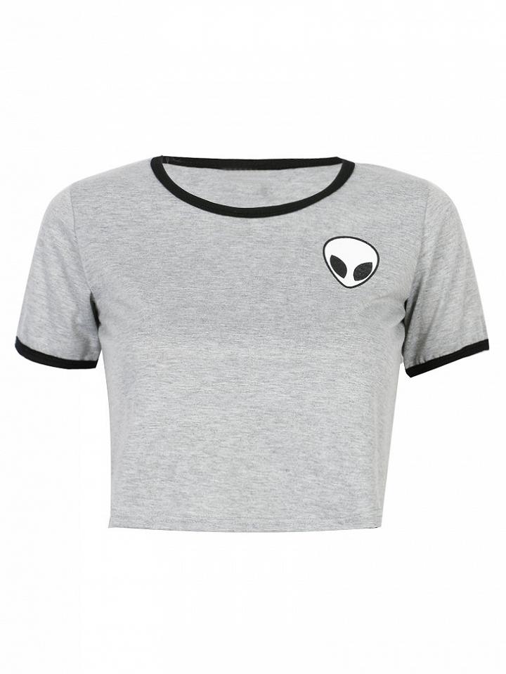 Choies Gray Alien Print Cropped Ringer T-shirt