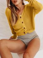 Choies Yellow V-neck Button Placket Front Puff Sleeve Knit Sweater